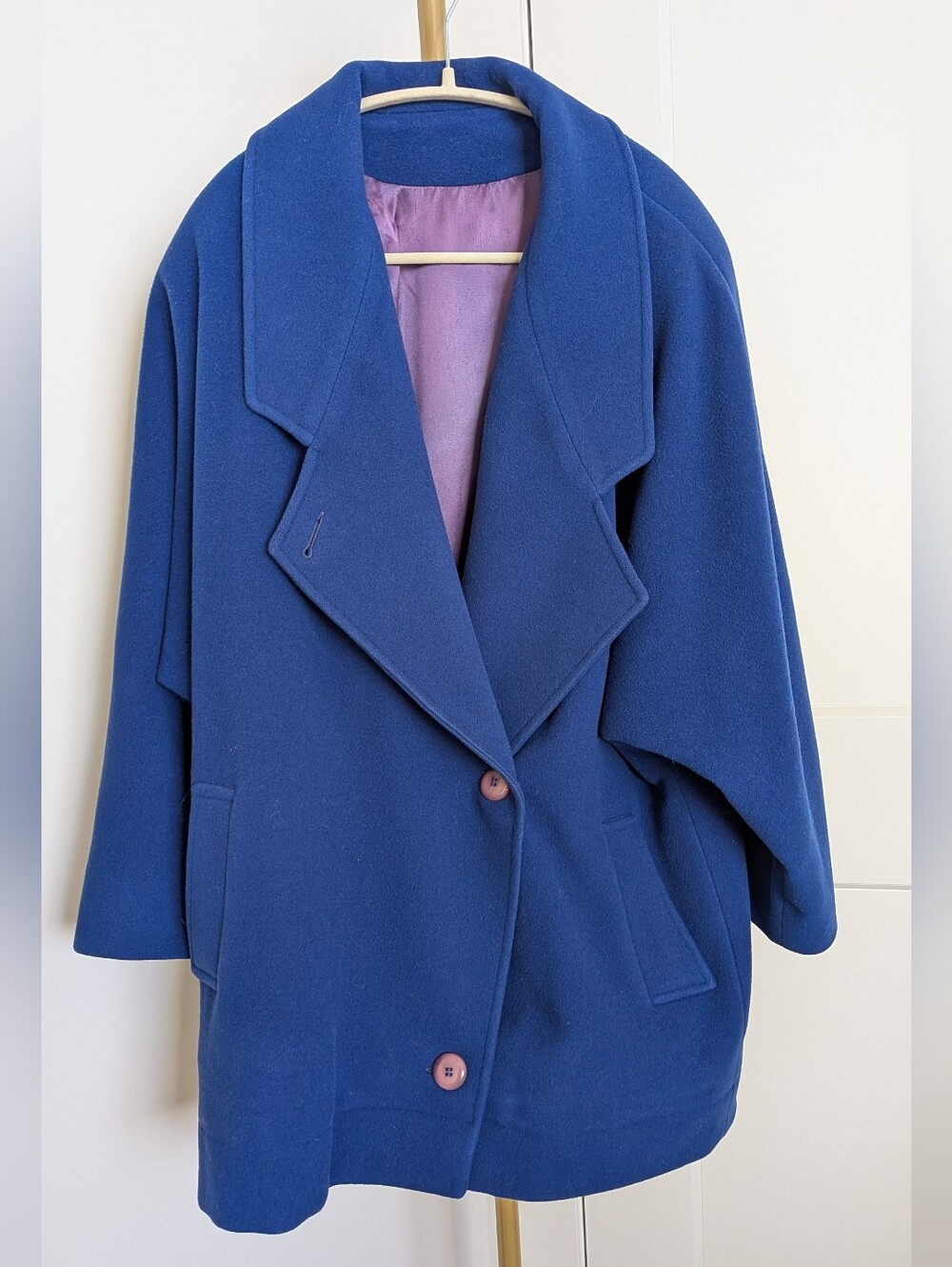 Vtg 80s Harry Rosen Pure Wool Cocoon Coat Cobalt Blue Geometric Oversized